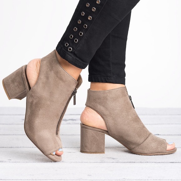 Taupe Peep Toe Open Back Zippered Top Bootie - Picture 4 of 8
